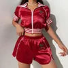 Hot Sale Women Tracksuit Fashion Cherry Embroidery Zipper Crop Top Two Pieces Short Set Sports Wear for Women - Kimlud