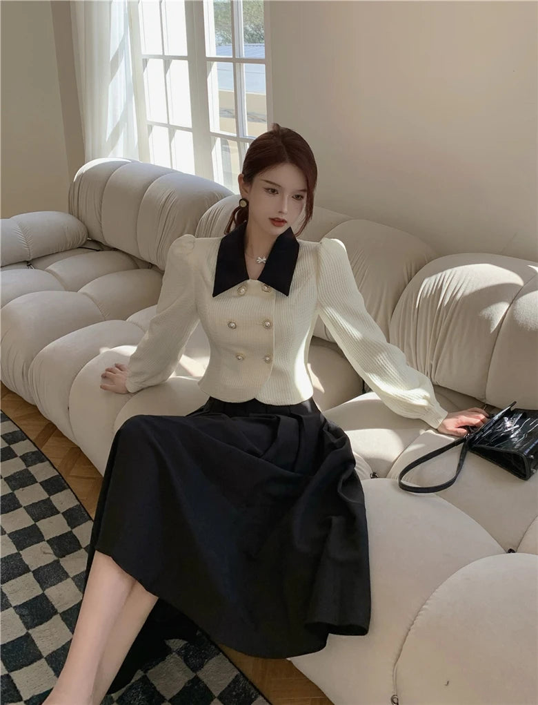 2023 Spring Elegant Two Piece Set Women Casual Slim Korean Coat + Black Pleated Gothic Vintage Midi Skirt Office Lady Skirt Srts