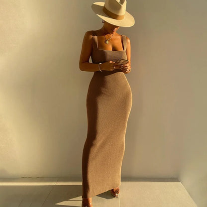 2021 Custom logo Fall Women Office Formal Dresses square Neck Sleeveless tank Bodycon Pencil Ribbed Knitted Dresses