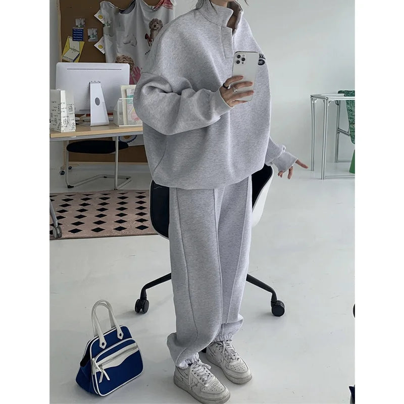 2023 Women Sweatshirt Suit Oversized Sets Female Stand Collar Loose Sweatshirt + Long Pants Suits Short Sets