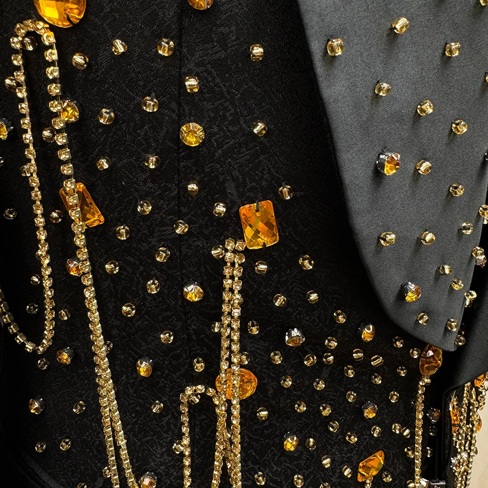 Handmade Rhinestone Beaded Men 3 Piece Suits Luxury Wedding Groom Wear Slim Fit Single Breasted Tuxedo Jacket Vest Pants Set - Kimlud