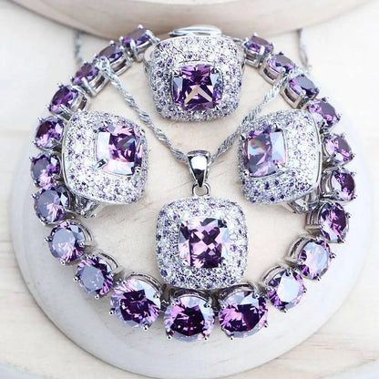 Purple Zirconia Women Bridal Jewelry Sets Silver 925 Fine Costume Jewellery Wedding Earrings Rings Bracelets Pendant...