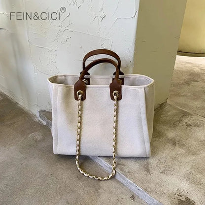 New Women Tote Bag Fashion Canvas Large Handbag Chains Genuine Leather Shoulder Bags Ladies Big Messenger Bag Shopping Bag