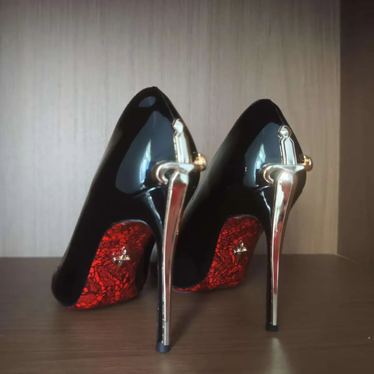 Metal Sceptre Microfiber Upper Open Toe Super High Heel Red Bottom Fine Heel Solid Color Women's Shoes Natural Rubber Outsole