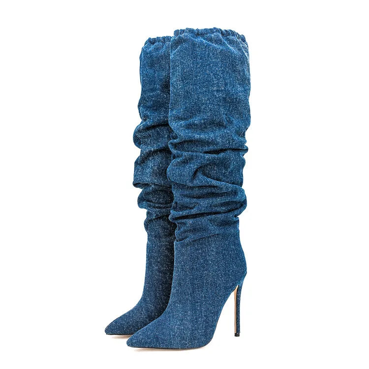Big Size 47 Stiletto Style High Slim Heels Shoes Women Pointed Toe Pleated Knee High Boots Slip on Top Stretch Long Booties