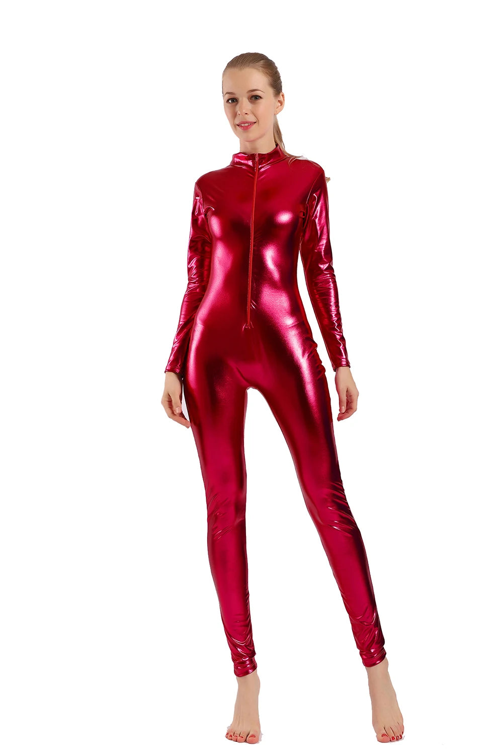 AOYLISEY Women Shiny Metallic Catsuits Unitard Long Sleeve Mock Neck Ballet Jumpsuits for Hollween  Men Cosplay Zentai Costumes