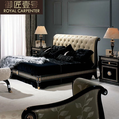 European Style Solid Wood 1.8m Double Bed Carved Princess Design Leather Bed for Master Bedroom Genuine Leather Soft Wedding Bed - Kimlud