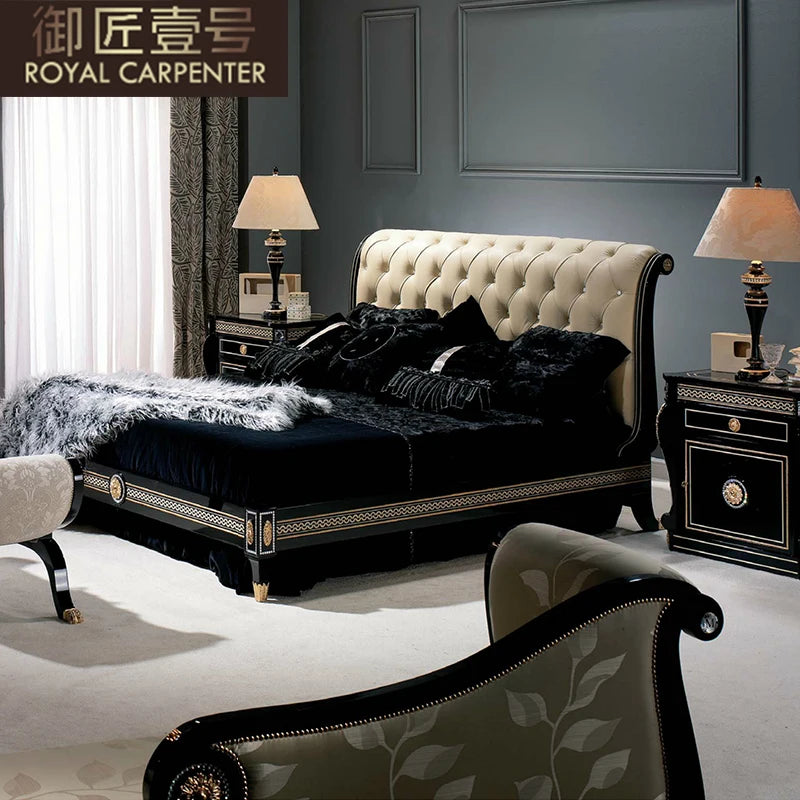 European Style Solid Wood 1.8m Double Bed Carved Princess Design Leather Bed for Master Bedroom Genuine Leather Soft Wedding Bed - Kimlud