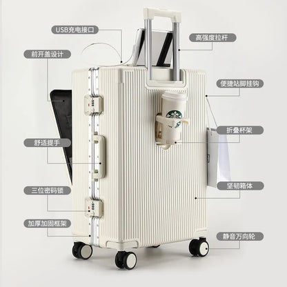 20 24 Inch Front Opening Luggage Men's and Women's Multifunctional Password Lock Trolley Case Travel Wheels Suitcases Cup Holder - Kimlud