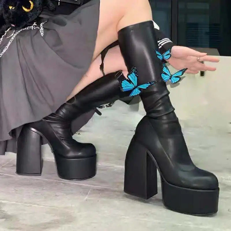 Platform Heel Boots Women's Pumps Stretch Ankle Boots Designer Knee-high Women Boots Trend Thigh High Boot Black Gothic...