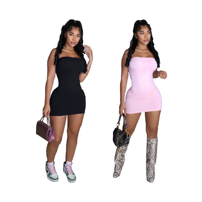 Summer Mini Ladies Dress Custom logo Printing Lt Blue pink Purple New Casual Knitted Strapless Sleeveless Dress for Girl 2034