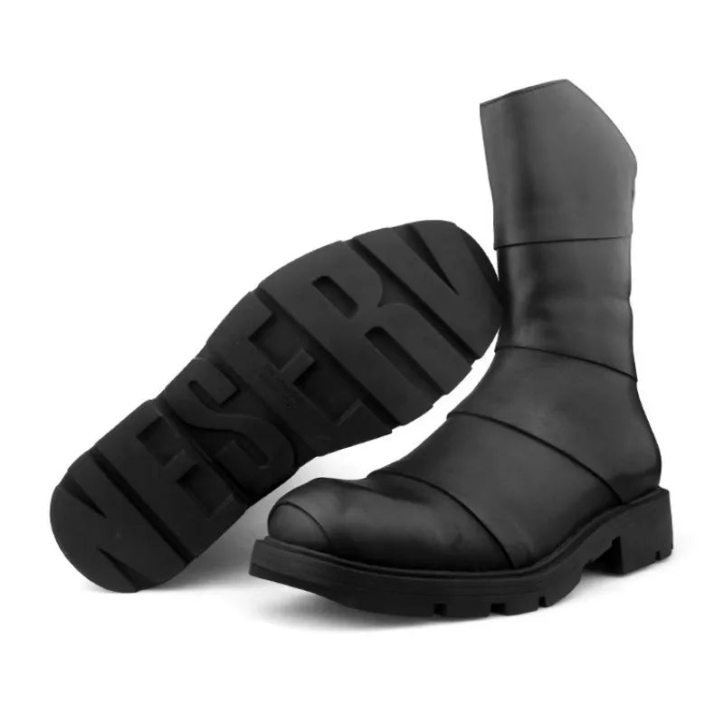 Punk Style Zipper Men Genuine Leather High-Top Sneakers Street Round Toe Winter Warm Platform Boots Black Motorcycle...