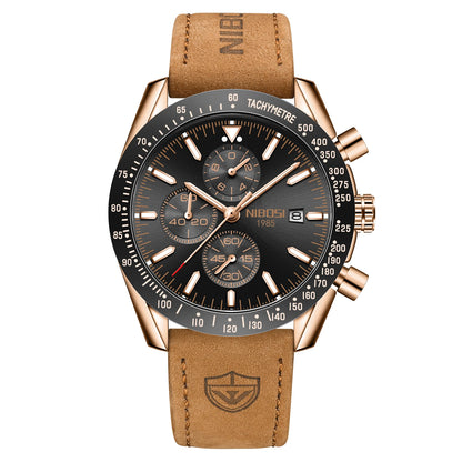 NIBOSI 2615 Business Style Men Watch Luminous Real Leather Band Wristwatch Silicone Strap Chronograph Quartz Watches