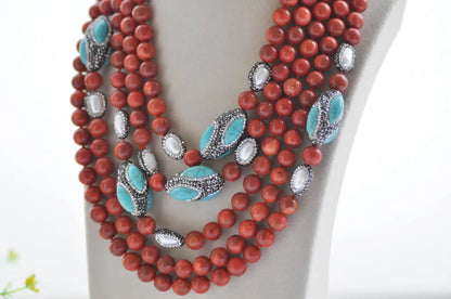 Z10316 100" Red Coral 30mm Turquoise Shuttle Pearl CZ Necklace