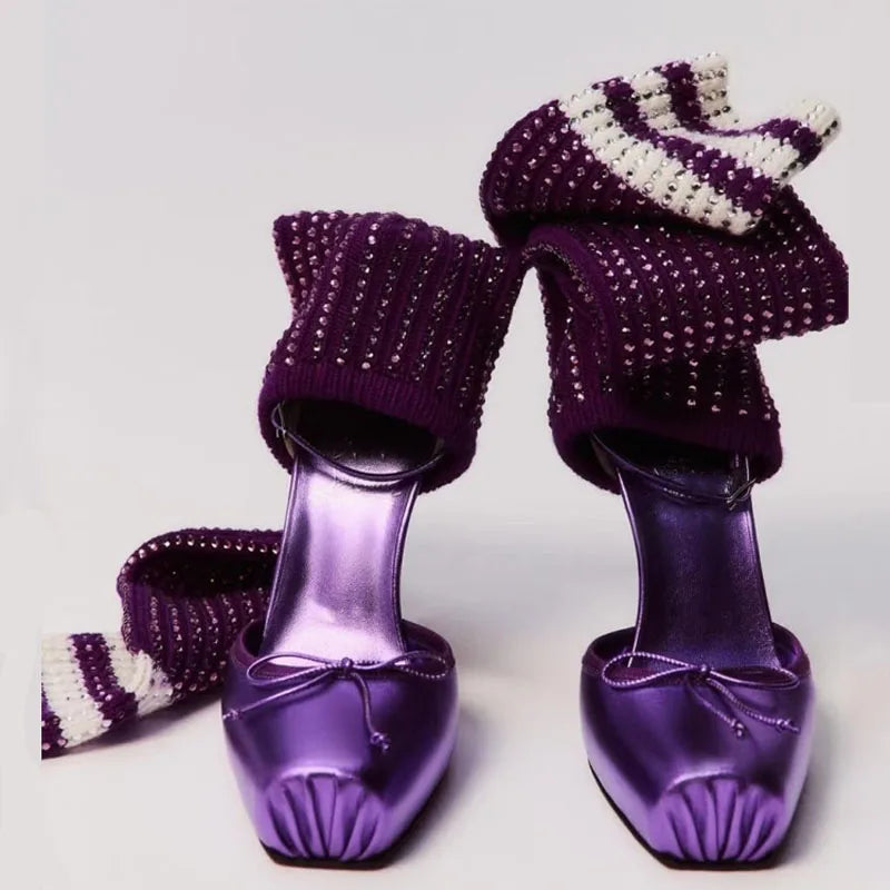 Diamonds Knitting Upper Summer High Heels Shoes Front Bow Square Toe Knee High Boots Pleated Stretchy Cut Out Socks Sandals