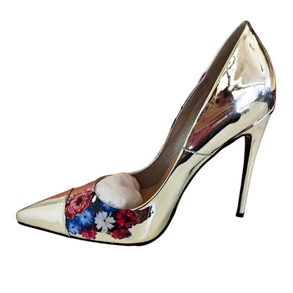 Luxury Fashion Women Pointed Toe Silver Patent Leather 3D Print Flower High Heels Party Pumps - Kimlud