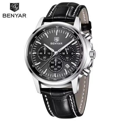 BENYAR 5213 New Men's Watches Top Brand Luxury Quartz Watch for Man Chronograph Wristwatches Clock Waterproof Leather Luminous
