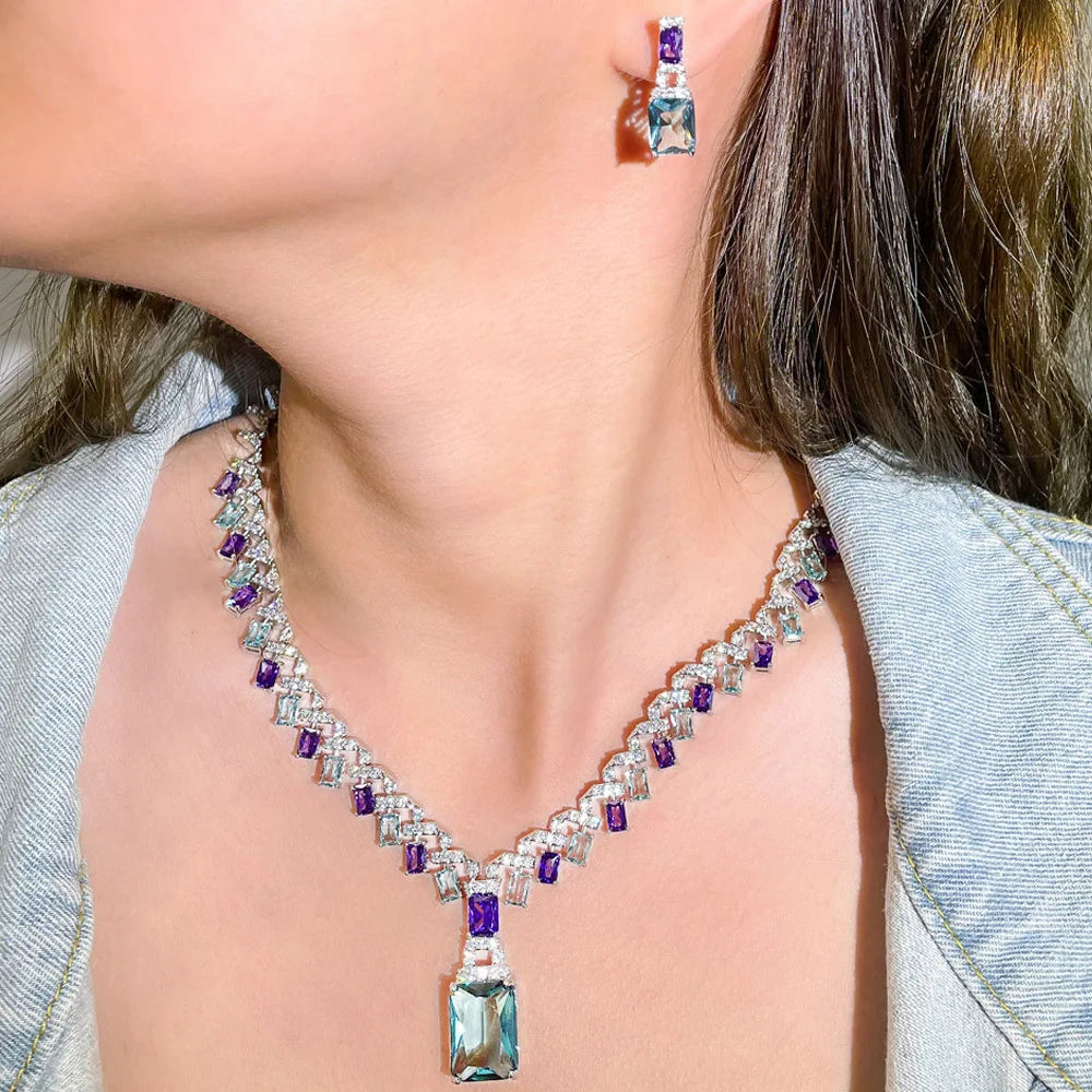 CWWZircons Beautiful Purple Blue Cubic Zircon Crystal Dangle Drop Bridal Wedding Necklace Party Jewelry Sets for Women...
