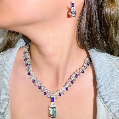 CWWZircons Beautiful Purple Blue Cubic Zircon Crystal Dangle Drop Bridal Wedding Necklace Party Jewelry Sets for Women...