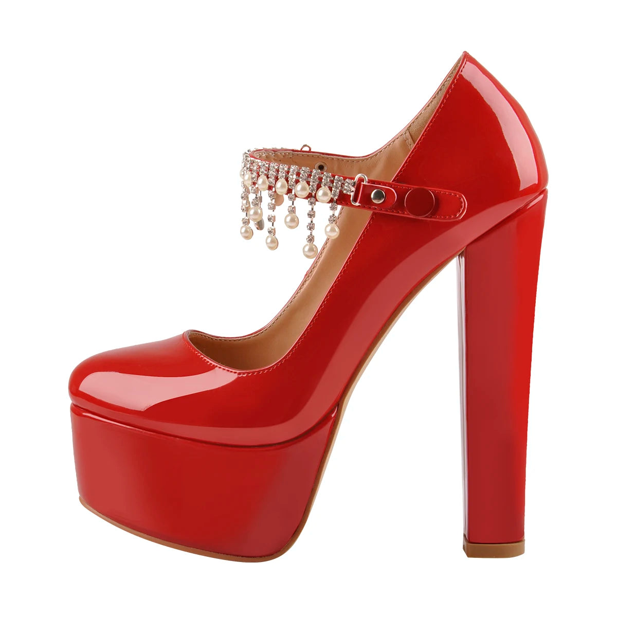 Onlymaker Women Mary Jane Platform Red  Nude Pumps Ankle Strap Thick 15~16cm Round Heel High Heels Dress Buckle Shoes