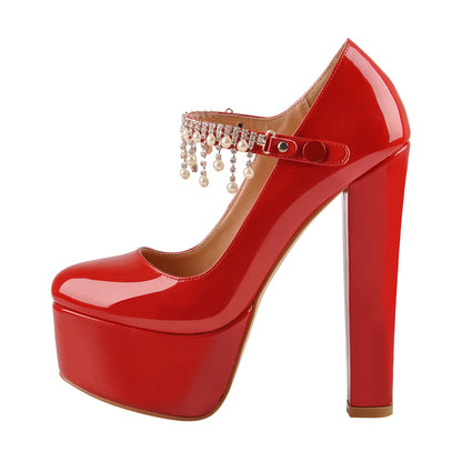 Onlymaker Women Mary Jane Platform Red  Nude Pumps Ankle Strap Thick 15~16cm Round Heel High Heels Dress Buckle Shoes