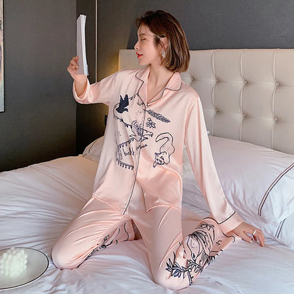 QSROCIO Women's Pajamas Set Luxury Style Fashion Natural Animal Graffiti Sleepwear Silk Like Leisure Home Clothes...