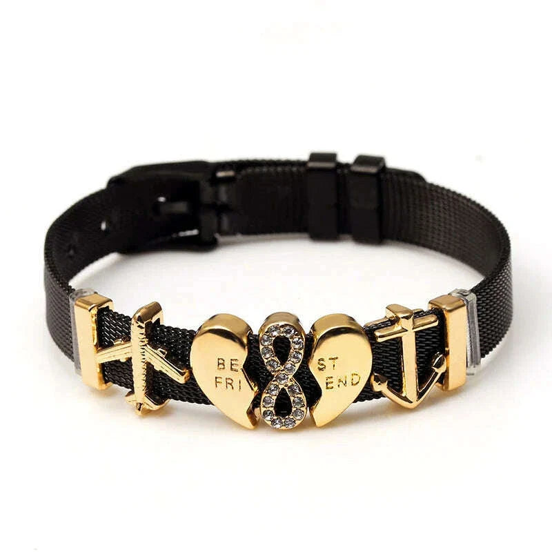 DINGLLY Two-tone Stainless Steel Mesh Bracelets For Women Men Love Heart Beaded 10mm Ribbon Mesh Bracelet & Bangle Gifts
