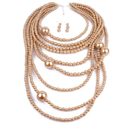 Fashion Brown White Multilayer Imitation Pearls Necklace Earrings Jewelry Sets Women Indian Statement Maxi Long Collar Necklace