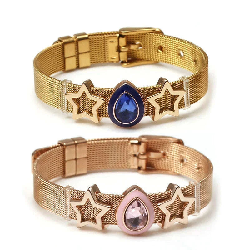 DINGLLY Two-tone Stainless Steel Mesh Bracelets For Women Men Love Heart Beaded 10mm Ribbon Mesh Bracelet & Bangle Gifts