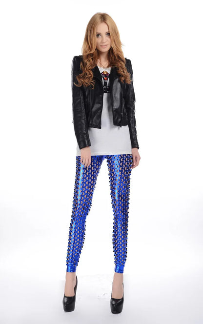 The European Style Hollow Out  High Waist  Imitation PU Leather Leggings  Women Hot Sexy Slim  Leggins For Spring Summer