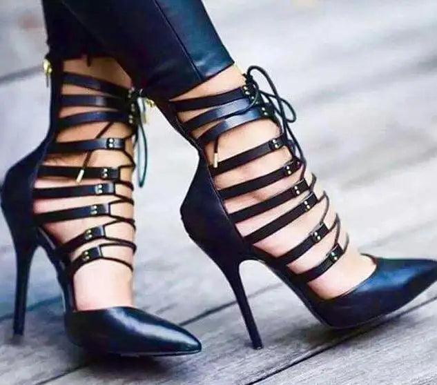 Rome Shoes Strappy Sandals Women Pointed Toe Cut-out Lace-up Cross Strap Thin Heels Pump Shoes Women | Kimlud Premium Shoes