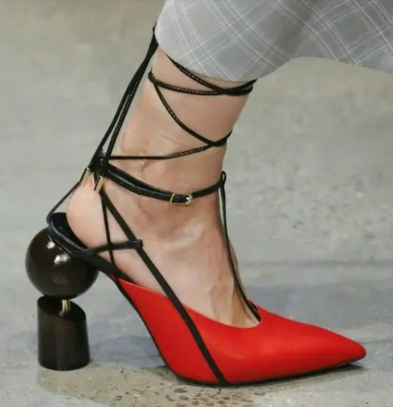 Sestito The Latest Lady Strange Style High Heels Pointed Toe Sandals Woman Ankle Strap Mixed Color Runway Shoes Girls Slingbacks - Kimlud