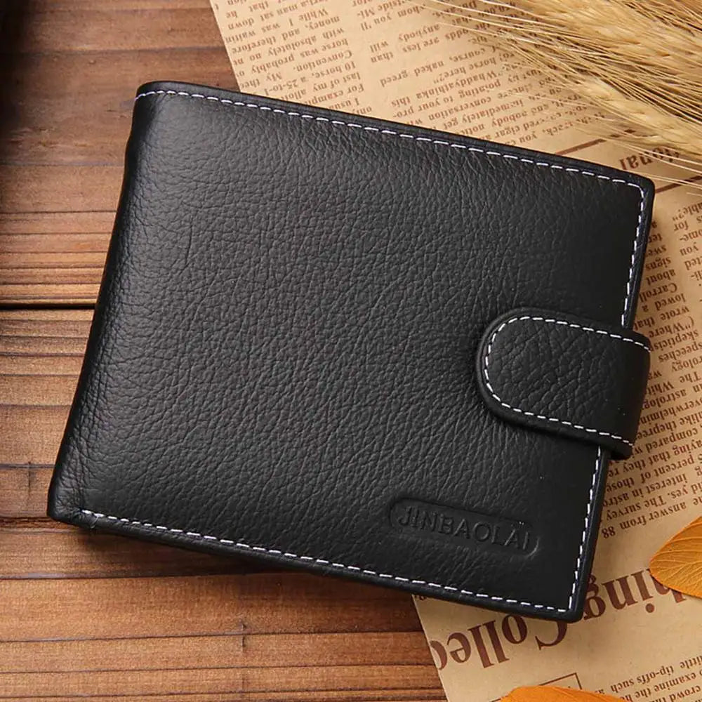 JINBAOLAI Retro Men Wallets Genuine Leather Card Horder Short Zipper Buckle Male Wallet Coin Pocket Photo Holder Men's Wallet