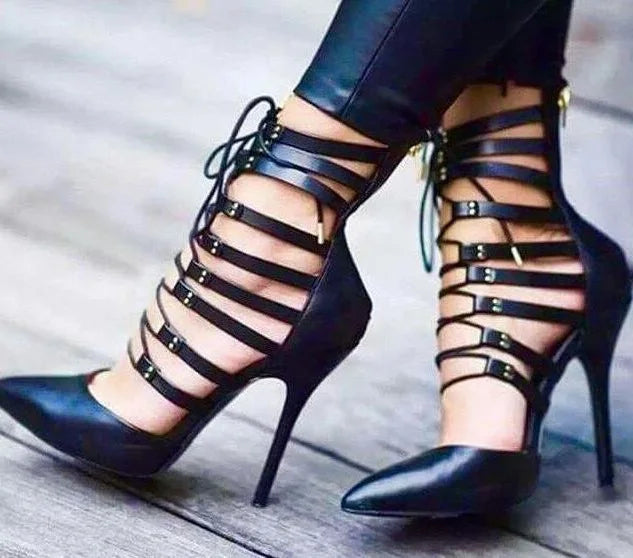 Rome Shoes Strappy Sandals Women Pointed Toe Cut-out Lace-up Cross Strap Thin Heels Pump Shoes Women | Kimlud Premium Shoes