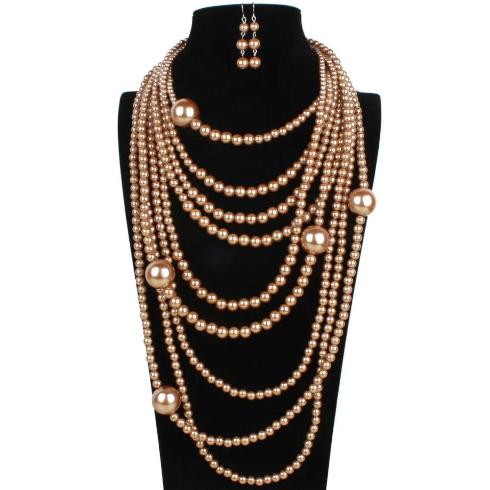 Fashion Brown White Multilayer Imitation Pearls Necklace Earrings Jewelry Sets Women Indian Statement Maxi Long Collar Necklace