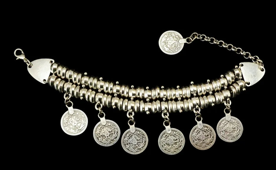 Fashion Men Bangle Bohemian Vintage Turkish Silver Plated Antalya Bracelet Gypsy Beach Chic Festival Silver Coin...
