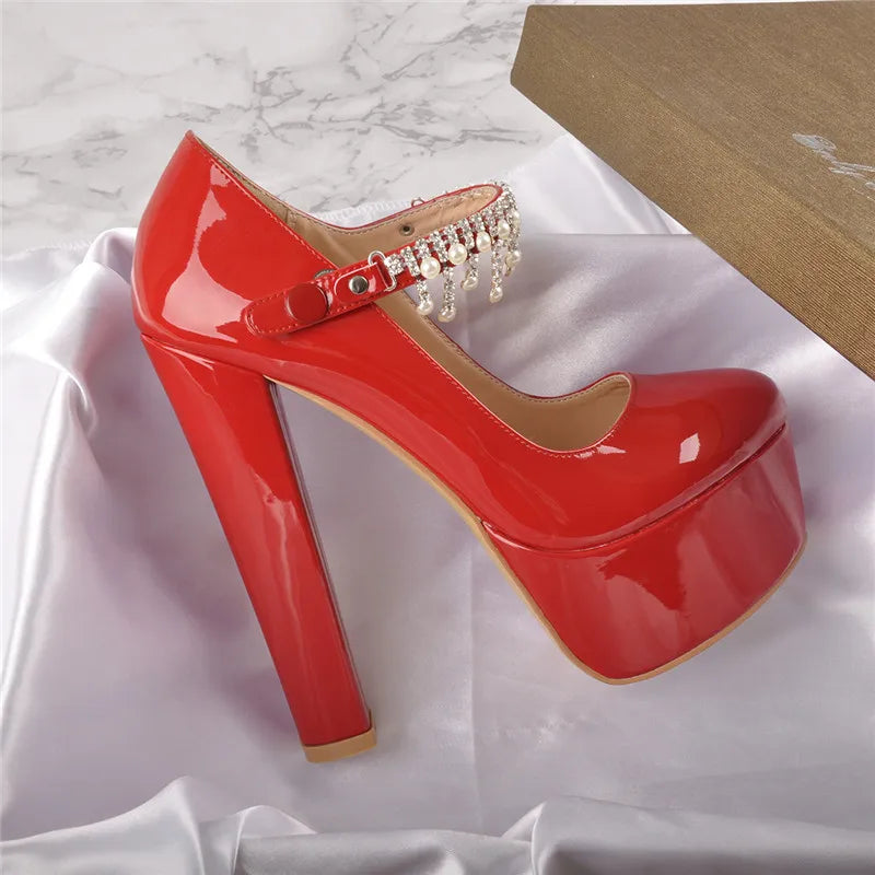Onlymaker Women Mary Jane Platform Red  Nude Pumps Ankle Strap Thick 15~16cm Round Heel High Heels Dress Buckle Shoes