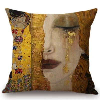 Gold Oil Painting Throw Pillow Cover Gustav Klimt Gallery Pillow Case Home Decorative Pillow  Linen Pillowcase Sofa Cushion