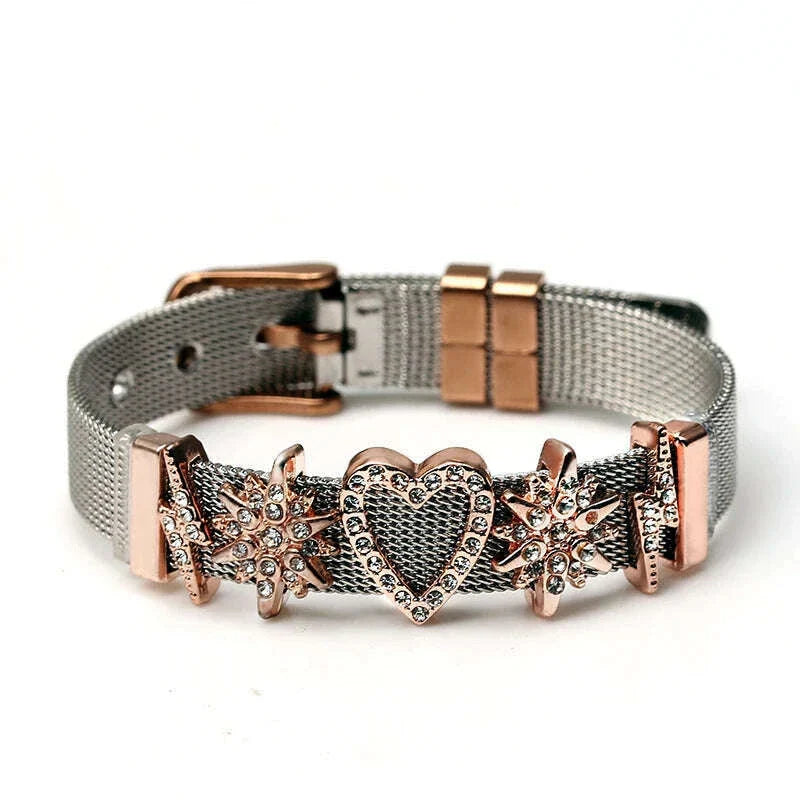 DINGLLY Two-tone Stainless Steel Mesh Bracelets For Women Men Love Heart Beaded 10mm Ribbon Mesh Bracelet & Bangle Gifts