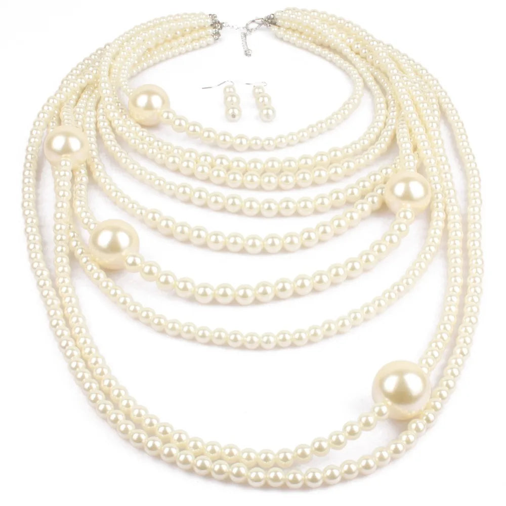 Fashion Brown White Multilayer Imitation Pearls Necklace Earrings Jewelry Sets Women Indian Statement Maxi Long Collar Necklace