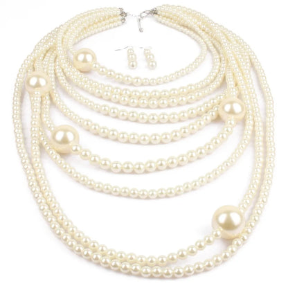 Fashion Brown White Multilayer Imitation Pearls Necklace Earrings Jewelry Sets Women Indian Statement Maxi Long Collar Necklace