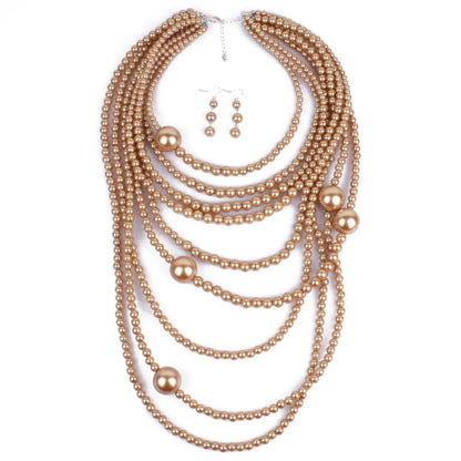 Fashion Brown White Multilayer Imitation Pearls Necklace Earrings Jewelry Sets Women Indian Statement Maxi Long Collar Necklace