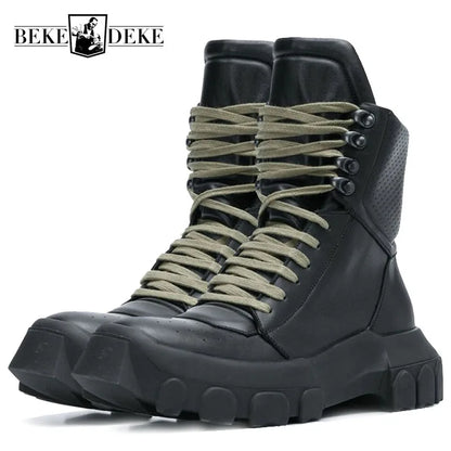 Punk Winter Men Lace Up Tactical Platform Ankle Boots Med Heels Platform Work Safety Shoes Army Genuine Leather Boots...