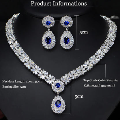 ThreeGraces Luxurious Blue Cubic Zirconia Stone Silver Color Large Bridal Wedding Earrings Necklace Jewelry Set for Women TZ775