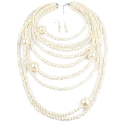 Fashion Brown White Multilayer Imitation Pearls Necklace Earrings Jewelry Sets Women Indian Statement Maxi Long Collar Necklace