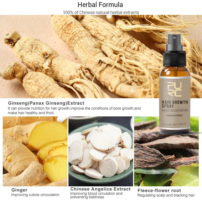 PURC Ginger Hair Growth Products Fast Growing Spray Hair Loss Treatment Oil Beauty Health Hair Care for Men Women 30ml