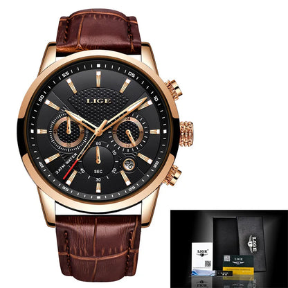 2025 New Mens Watches LIGE Top Brand Leather Chronograph Waterproof Sport Automatic Date Quartz Watch For Men Relogio Masculino