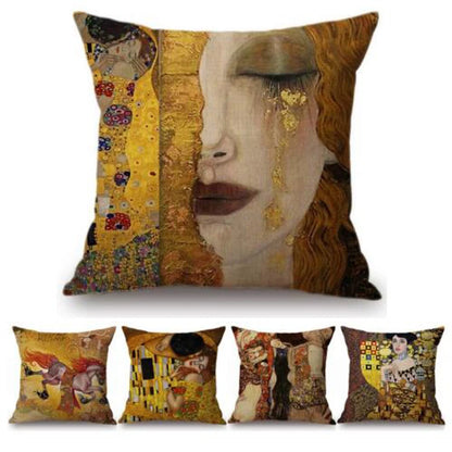 Gold Oil Painting Throw Pillow Cover Gustav Klimt Gallery Pillow Case Home Decorative Pillow  Linen Pillowcase Sofa Cushion