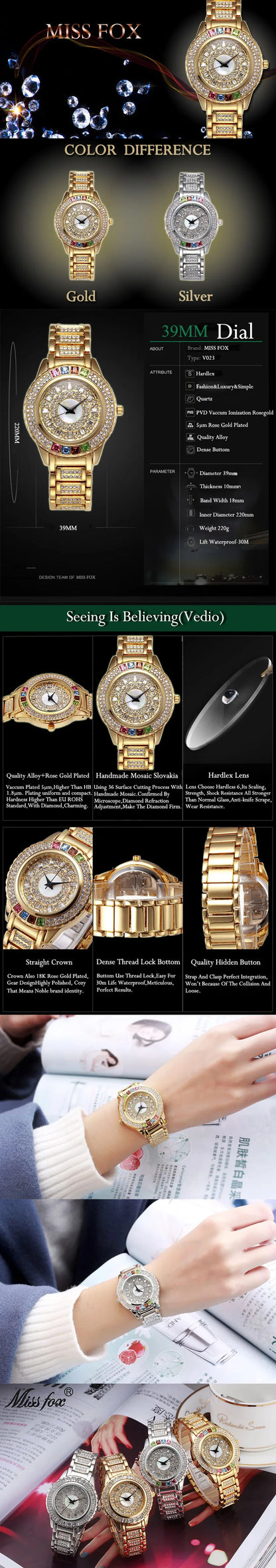 MISSFOX Ladies Gold Party Watches Women Diamond Fashion China Watches Luxury Brand Golden Clock For Ar Female Quartz Wristwatch