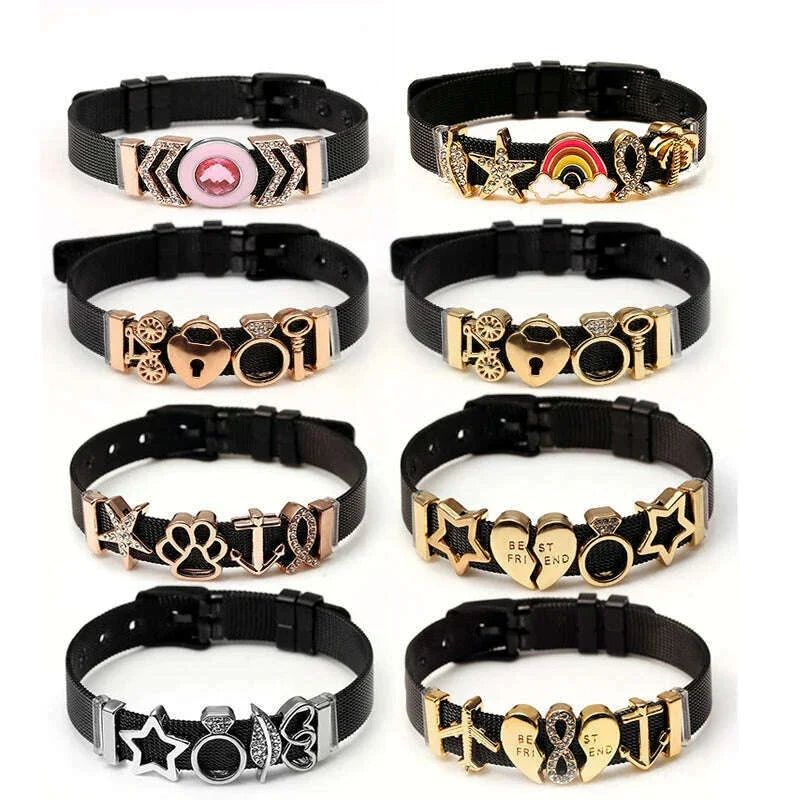 DINGLLY Two-tone Stainless Steel Mesh Bracelets For Women Men Love Heart Beaded 10mm Ribbon Mesh Bracelet & Bangle Gifts